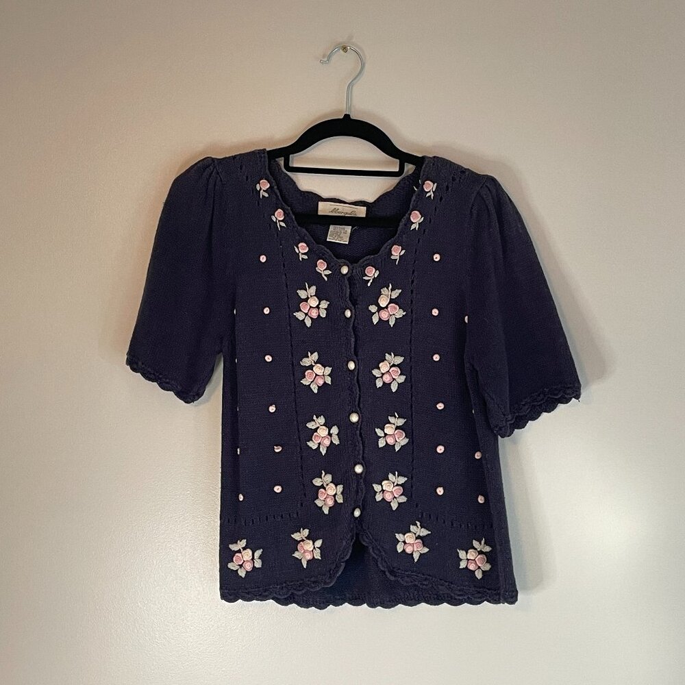 VTG Margules Navy Embroidered Cardigan Sweater Size M Grandmacore cottagecore